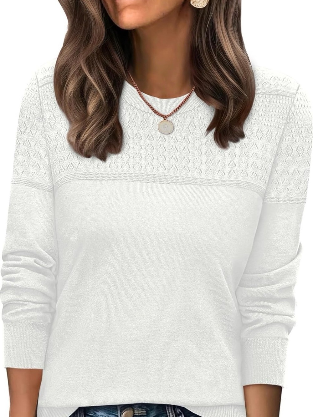 Wholl Women’s Sz Sm Textured Knit Crewneck Sweater in White